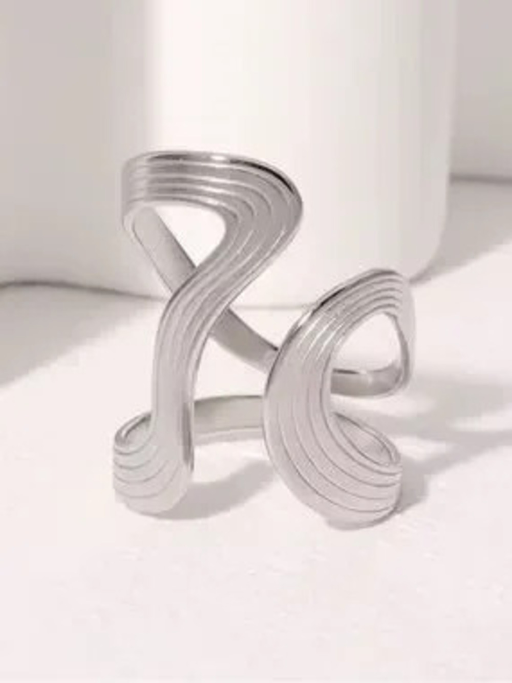 Modern Silver Sculpted Wave Adjustable Ring